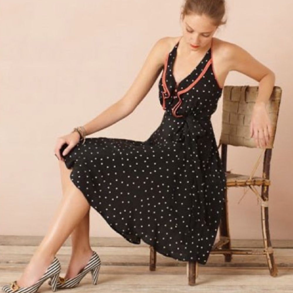 Black Polka Dot Midi Dress with Coral Trim